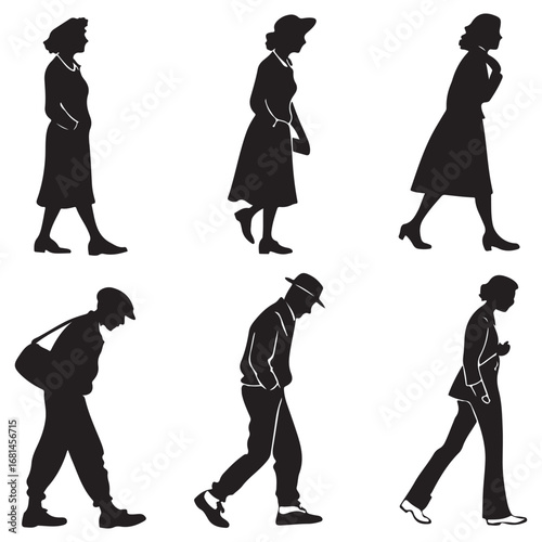 Collection of six distinct black silhouette figures of people walking in various poses and styles on a white background