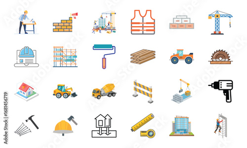 Construction and Building Icons Set – Architecture Tools, Engineering Equipment, Construction Site, Crane, Safety Helmet, Concrete Mixer, Bulldozer, Power Drill, Saw, Hammer, Ruler, Paint Roller, Wood