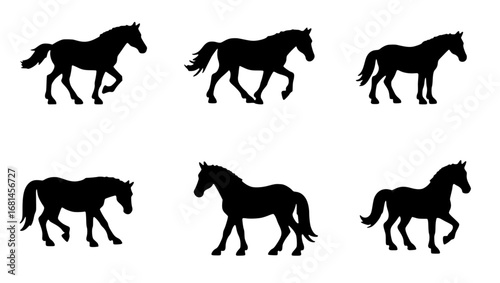 Elegant silhouettes of horses in motion across a graphic, capturing a sense of grace and energy. These monochrome depictions perfectly capture the essence of equestrian charm and agility.