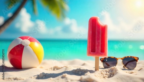 A vibrant summer scene featuring a refreshing popsicle melting in the sun next to a beach ball and sunglasses, embodying carefree summer joy , july, summer vibes