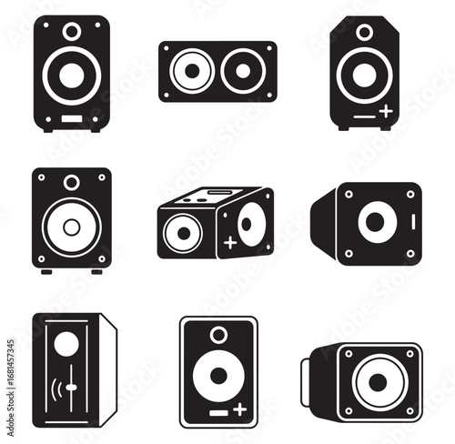 Collection of vector black and white speaker illustrations for music and audio design elements
