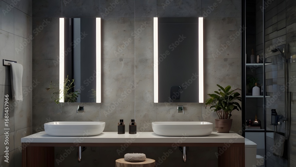 Fototapeta premium Minimalist smart bathroom features mirror and voice assistant device with modern clean style