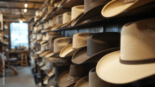 cowboy hat shop with many hats on the shelves. 4k video