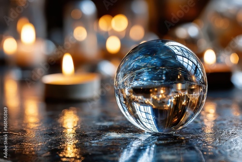 Wallpaper Mural Glass Sphere Reflecting Warm Candlelight on Dark Surface Torontodigital.ca