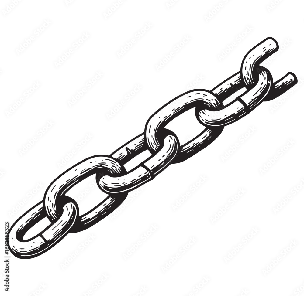Fototapeta premium Hand drawn illustration of a strong metallic chain link isolated on a white background