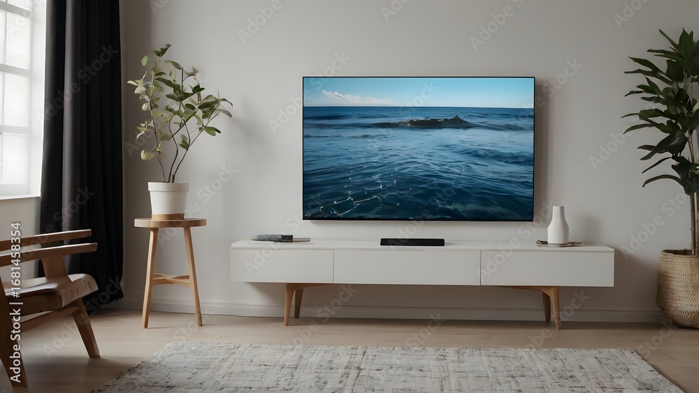 Fototapeta premium Modern entertainment corner highlights wall mounted smart TV with neutral decoration