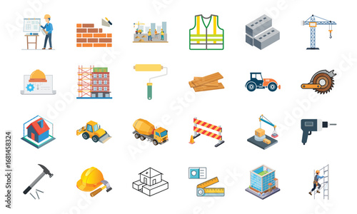 Construction and Building Icons Set – Architecture Tools, Engineering Equipment, Construction Site, Crane, Safety Helmet, Concrete Mixer, Bulldozer, Power Drill, Saw, Hammer, Ruler, Paint Roller, Wood