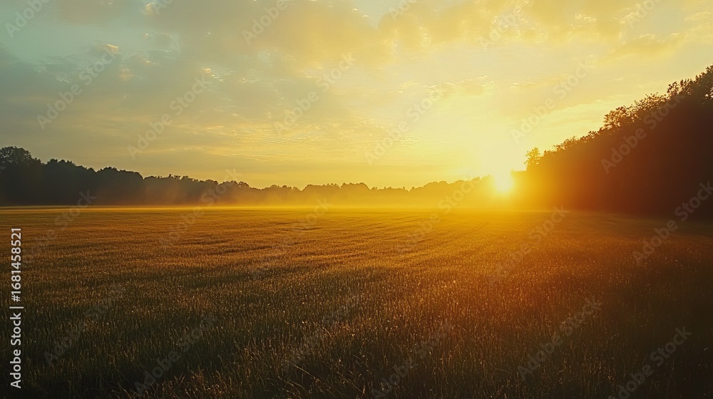 Obraz premium Golden sunrise over green farm field with natural countryside landscape