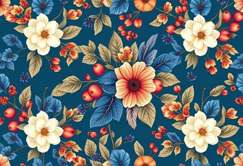 Acrylglasbilder Küchenmuster Blau-Weißes Herbstmuster mit Beeren  © DITSARAPHAN