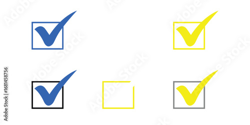 Check Mark Icons in Boxes Various Colors Blue, White and Yellow on Transparent Background