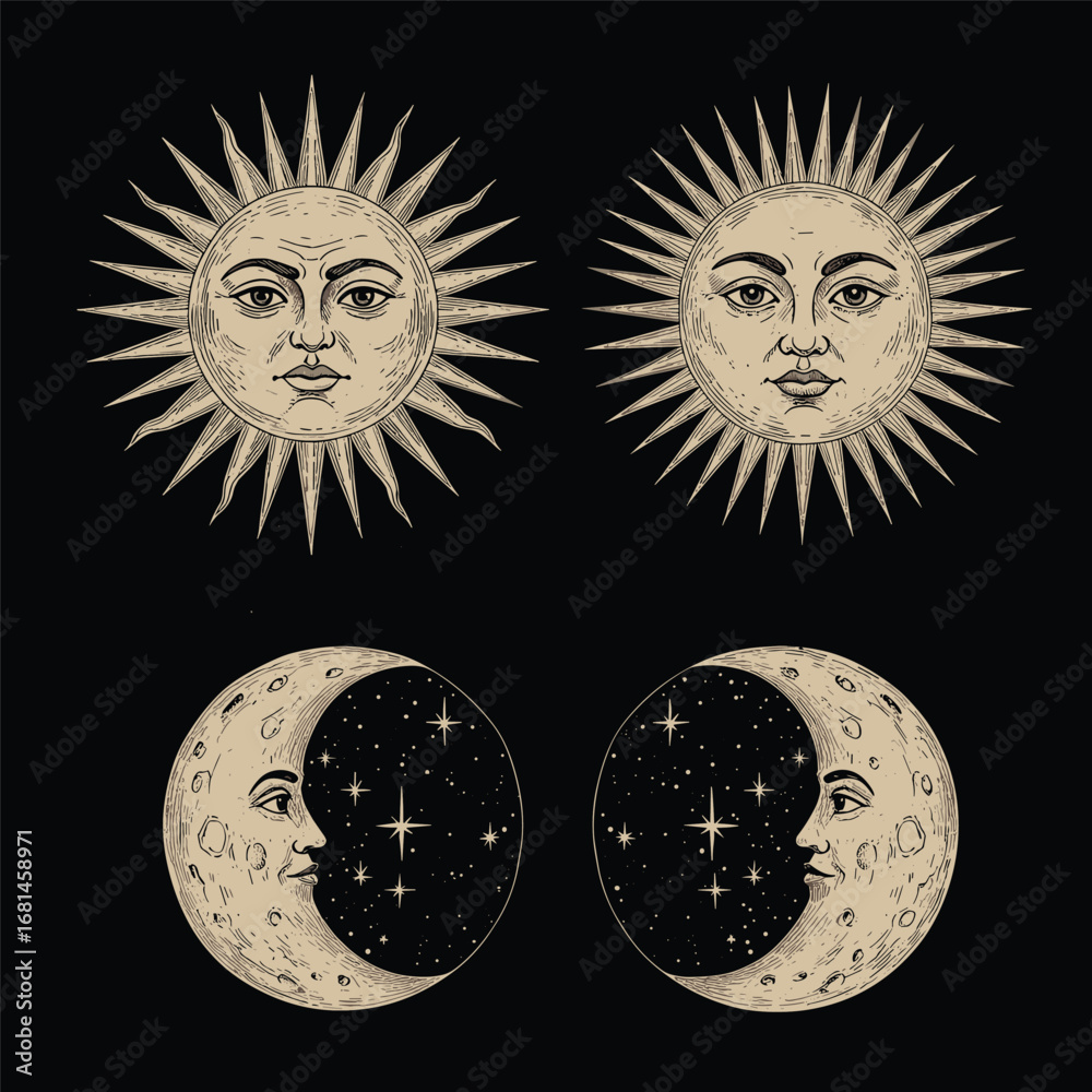 Fototapeta premium Face of the sun in vintage style. Vector illustration. Black and white graphics. Logo of the sun. stock illustration