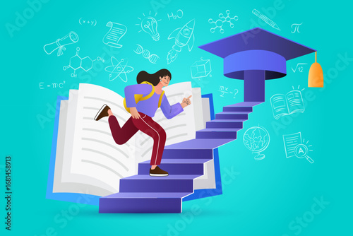 Education journey and academic achievement concept. A student running up on a staircase from a book to a graduation cap. A motivational vector illustration for university, learning, and success.
