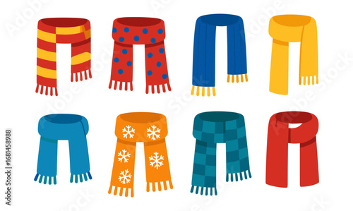 Colorful collection of winter scarves with various patterns and designs