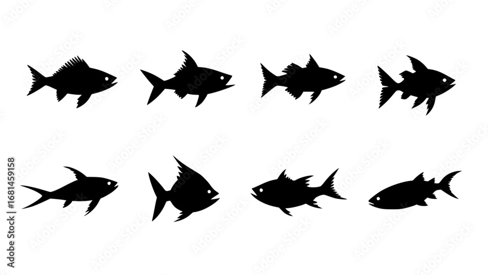 Fototapeta premium set of 8 fish silhouettes on display, offering an artistic representation of marine life's fascinating array of forms. vector illustration
