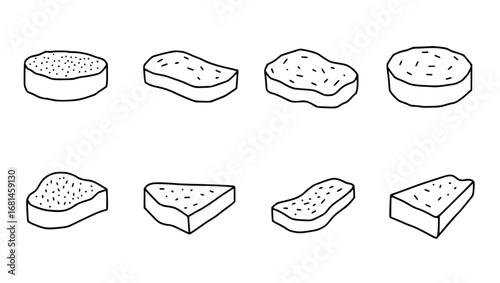 A collection of fresh and versatile bread slices in varied shapes, ideal for culinary creativity. The high-angle monochrome presentation highlights textures and forms. vector illustration