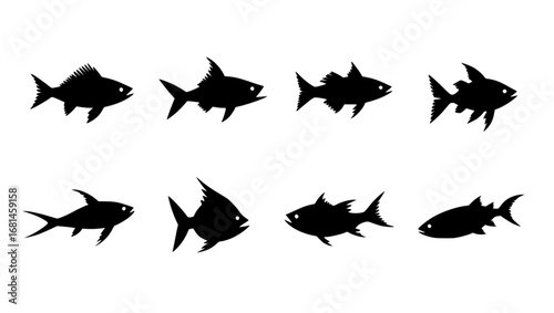 set of 8 fish silhouettes on display, offering an artistic representation of marine life's fascinating array of forms. vector illustration