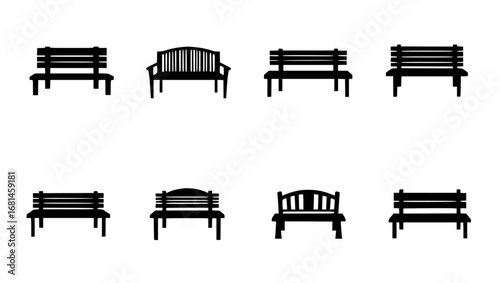 A collection of park bench silhouettes set against a neutral backdrop. These benches, a staple of outdoor relaxation, invite viewers to imagine a moment of pause in an urban park. 