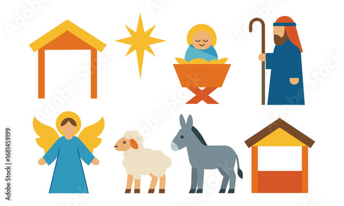 Christmas nativity scene with figures and stable in flat design