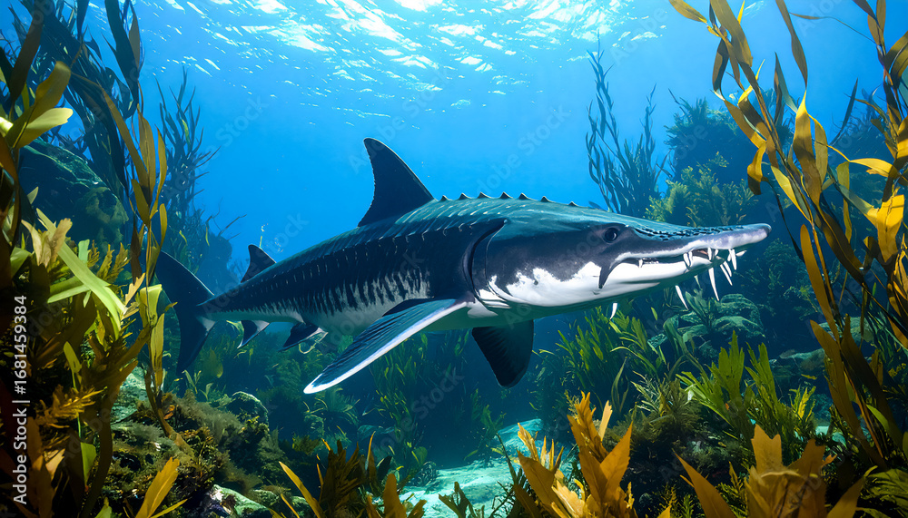 Obraz premium Underwater footage close-up of a large sturgeon among seaweed; wallpaper