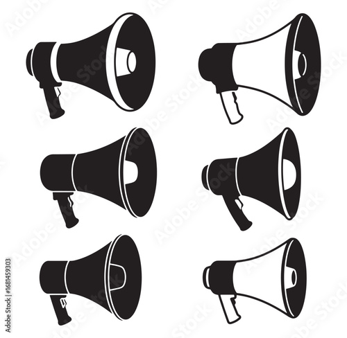 Set of black and white megaphone illustrations for communication and announcement concepts