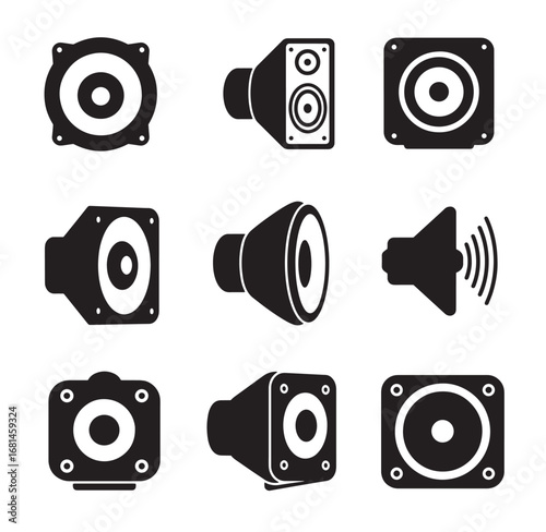 Set of black and white stylized speaker icons for music and sound design elements