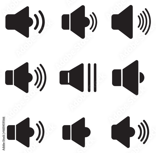 Set of nine black speaker icons with volume indicators for audio and sound related designs