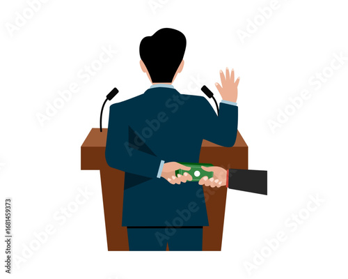 Vector illustration of a corrupt politician making a false promise at a podium while secretly accepting a bribe
