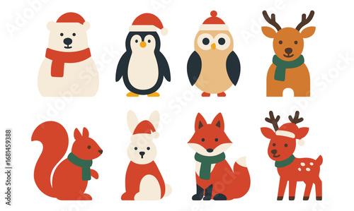 Festive woodland animals in christmas attire on white background