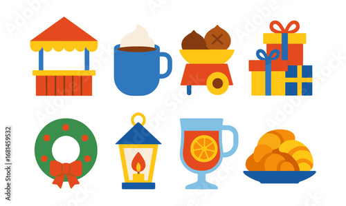 Festive holiday icons featuring food, drinks, decorations, and gifts in a flat design