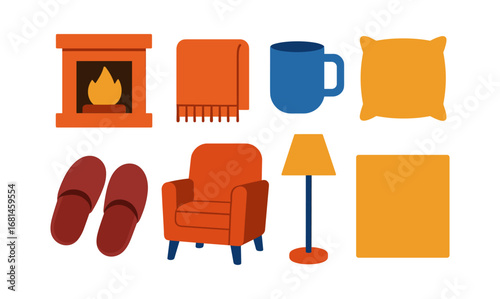 Cozy interior icons with fireplace, chair, mug, and more in flat style
