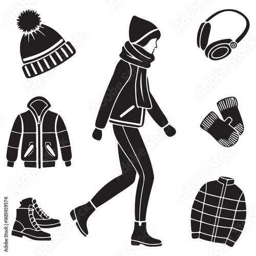 Collection of winter clothing and accessories for a person walking in the cold weather season