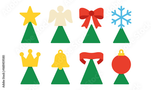 Festive holiday tree toppers with diverse icon decorations in simple flat design