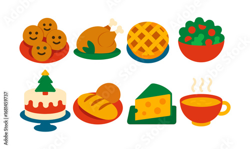 Joyful holiday feast with delicious dishes in colorful flat design style