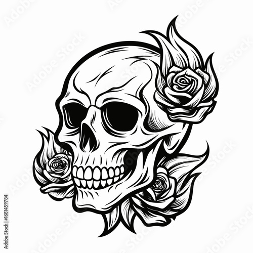 Intricate black and white illustration of a human skull adorned with blooming roses and fiery elements on a clean white background