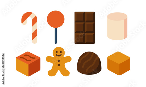 Colorful flat sweet treats collection: candy, chocolate, and festive goodies