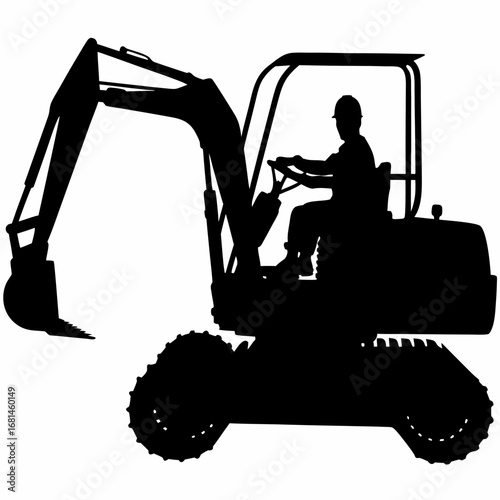 Silhouette of a construction worker operating a compact excavator with a bucket extended on a white background