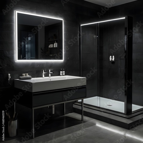 Black and white bathroom interior shows digital smart mirror with soft light