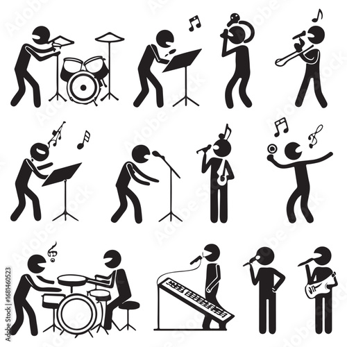 Diverse group of stick figure musicians playing various instruments in a band ensemble performing live music