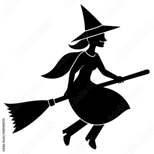 Silhouette of a witch flying on a broomstick wearing a pointed hat and flowing scarf during halloween celebrations