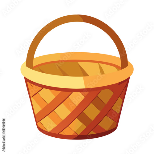 Empty woven wicker basket with a curved handle and a yellow rim on a black background isolated illustration