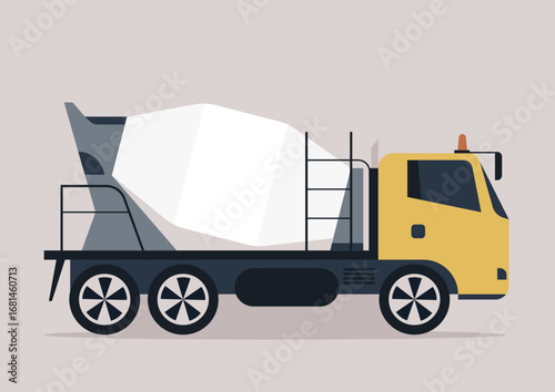 A concrete mixer truck is parked strategically at a busy construction site, ready to deliver its loads of fresh concrete for foundation work on a bright, sunny day