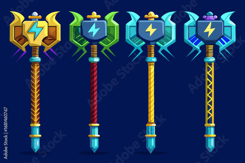 Collection of four stylized fantasy war hammers with lightning bolt emblems and sharp crystalline tips against a dark blue background