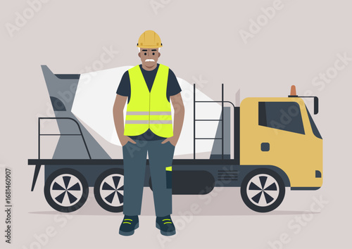 A concrete mixer worker at the construction site, wearing safety gear and readying his equipment for a productive day of mixing and pouring concrete, emphasizing teamwork and diligence