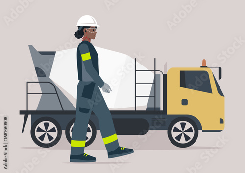 A dedicated concrete mixer worker operates on a construction site, blending materials skillfully while ensuring safety and efficiency