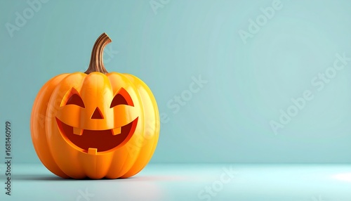 Orange pumpkin with a friendly face on a light teal background