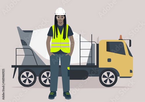 A skilled concrete mixer worker diligently manages machinery at a bustling construction site, showcasing teamwork and industry dedication