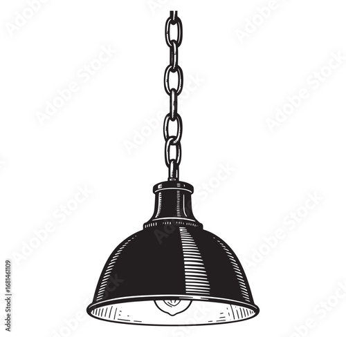 Vintage industrial pendant lamp illustration featuring chain and light fixture in engraved style