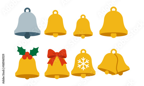 Festive bells collection with holiday decorations in flat style