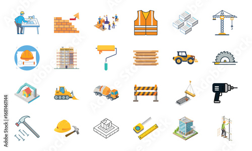 Construction and Building Icons Set – Architecture Tools, Engineering Equipment, Construction Site, Crane, Safety Helmet, Concrete Mixer, Bulldozer, Power Drill, Saw, Hammer, Ruler, Paint Roller, Wood
