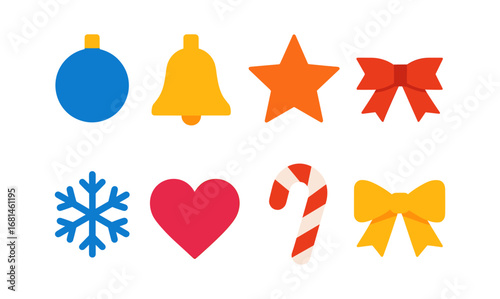 Festive winter holiday icons: flat design featuring ornaments, shapes, and seasonal symbols